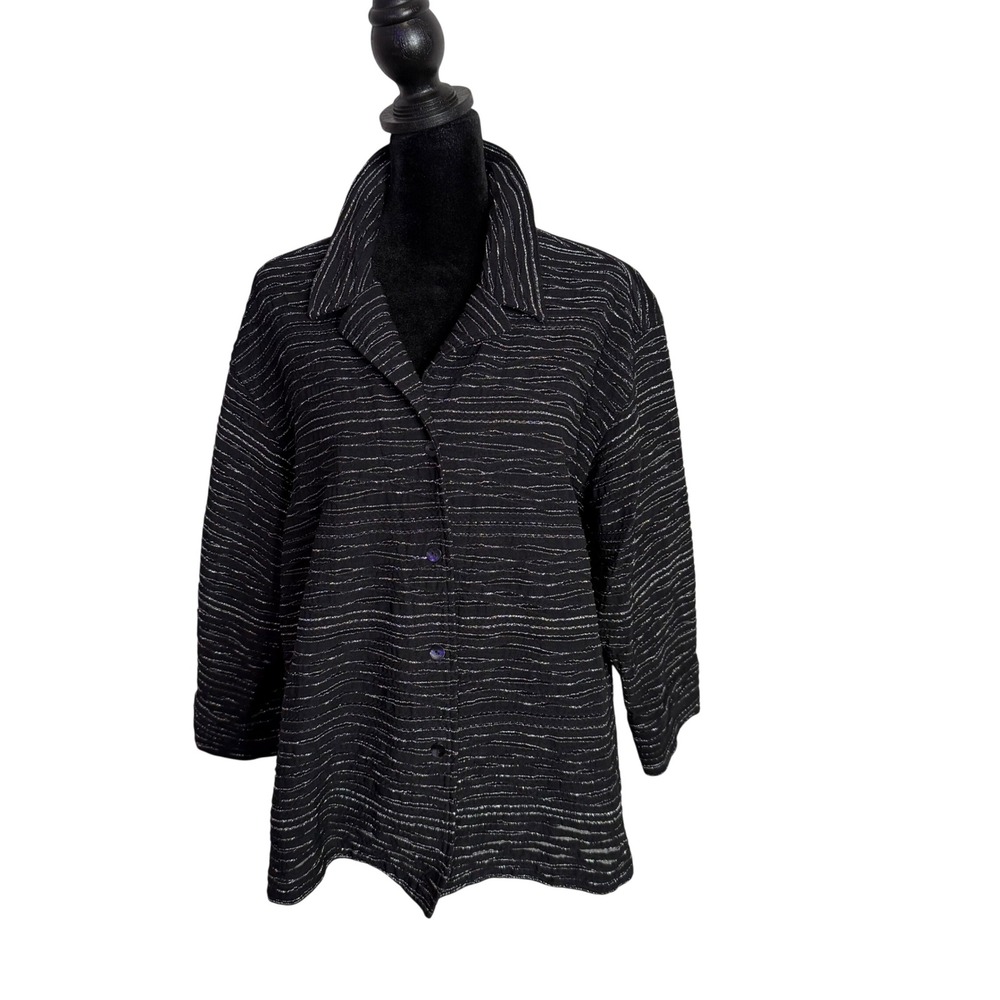 Chico's Design Black Silver Metallic‎ Button Up Shirt Jacket Size 2 Large Boxy
